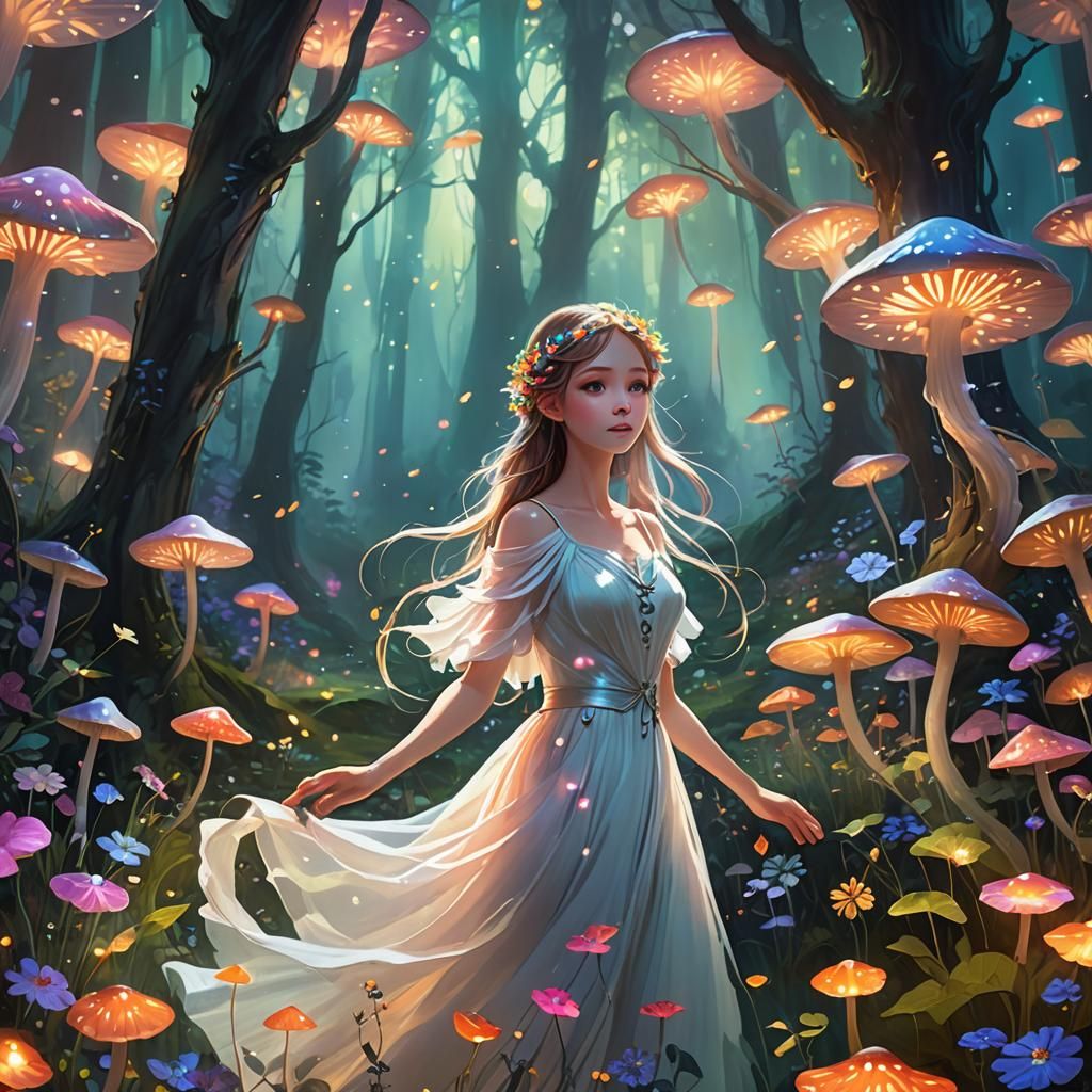Enchanted Forest: Fairy Among Glowing Mushrooms
