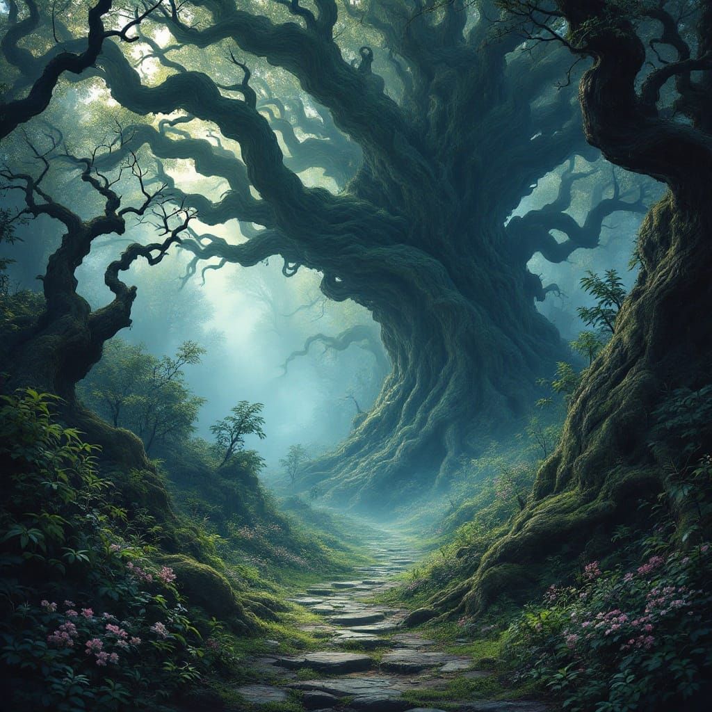 Ancient Trees in Dreamlike Forest Landscape