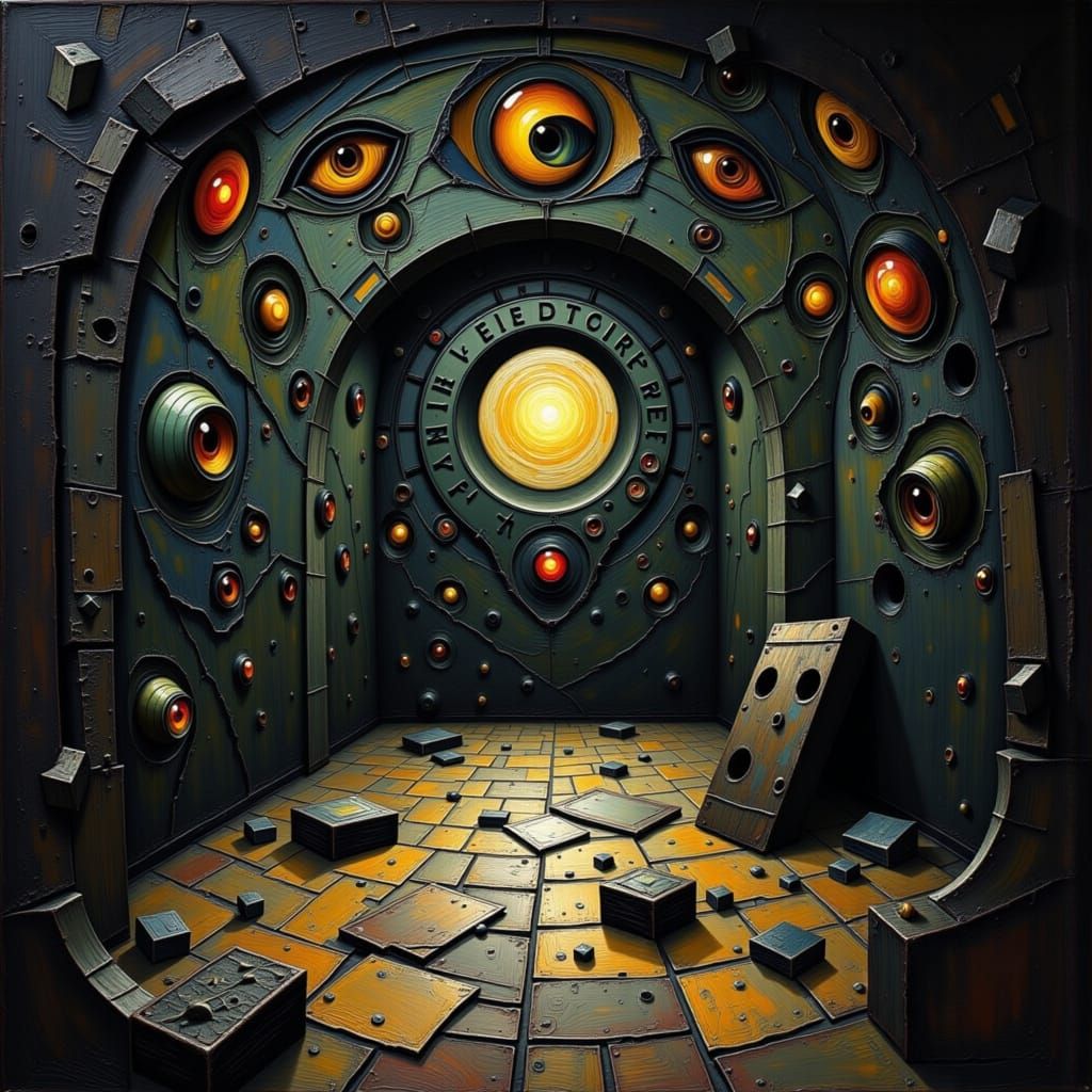 Surreal Chamber of Rotating Eyes, Impasto Painting