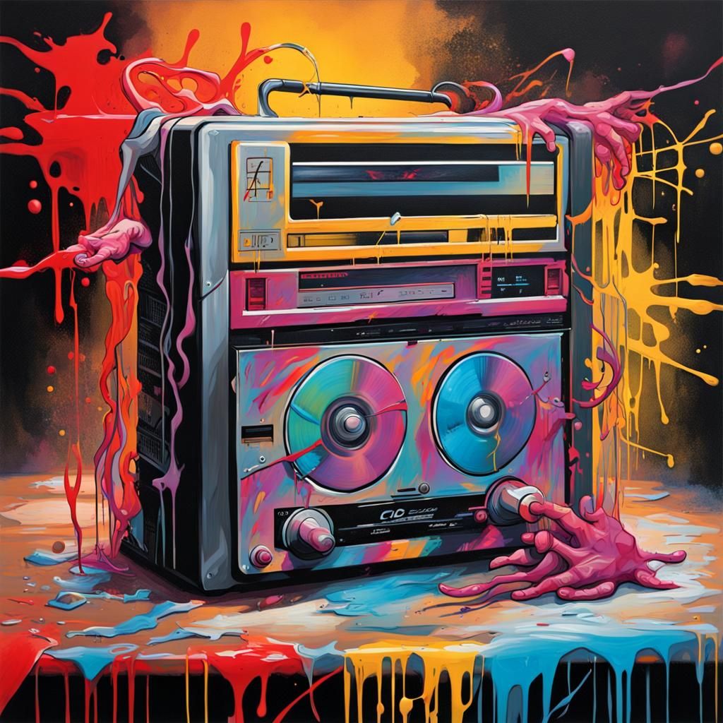 CD Player vs Cassette Player Cage Match in Graffiti Art