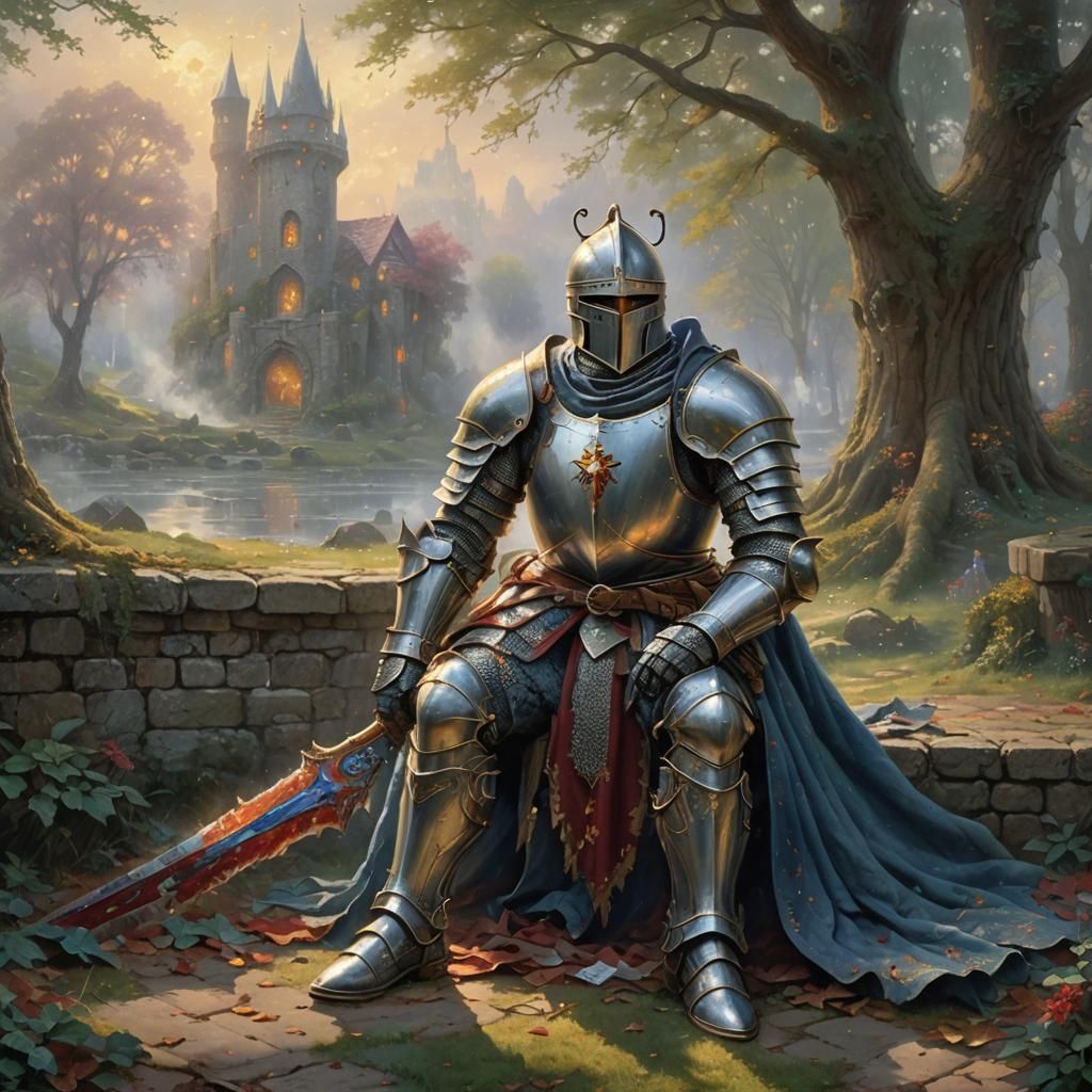 Knight Resting After Battle in Ethereal Style