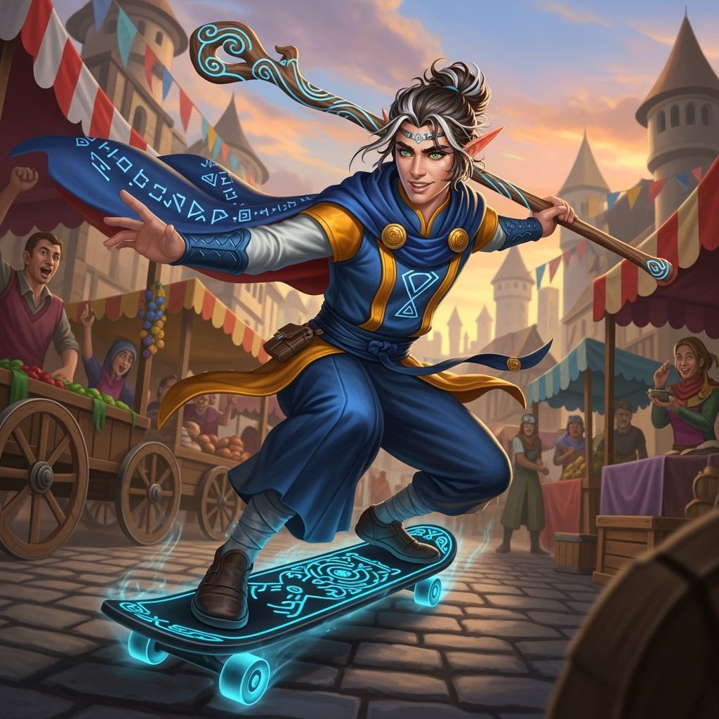 Elven Bard on Enchanted Skateboard in Fantasy Illustration