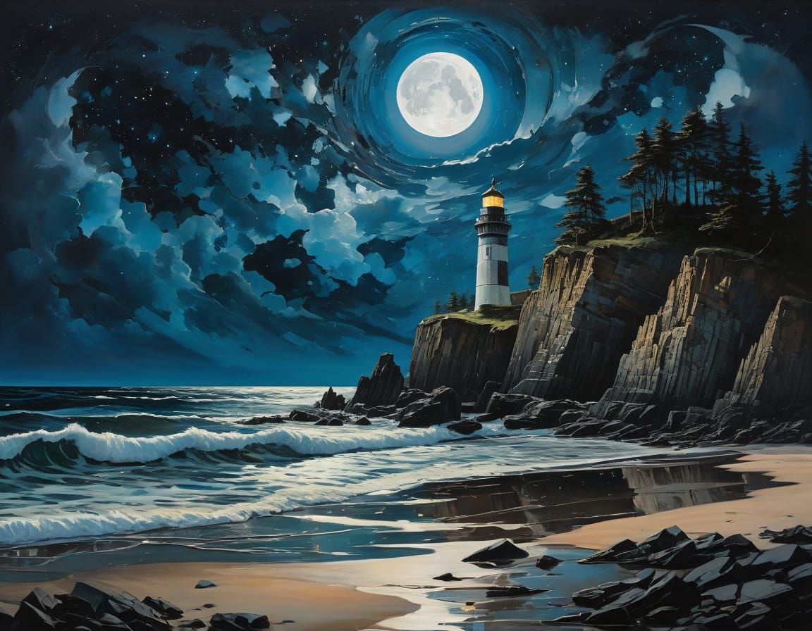 Surreal Coastal Night Mirror as Impasto Painting