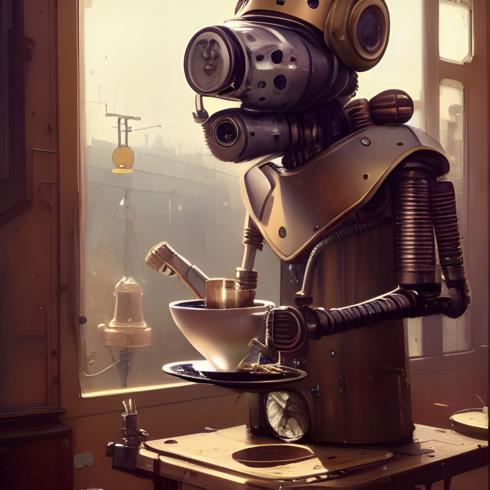 Steampunk Robot Server at Diner, Detailed Painting