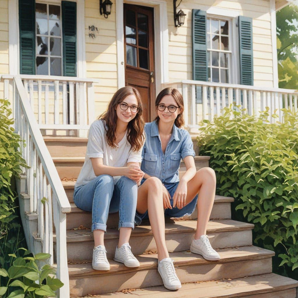 Watercolor Illustration of Two Best Friends in a Country Set...