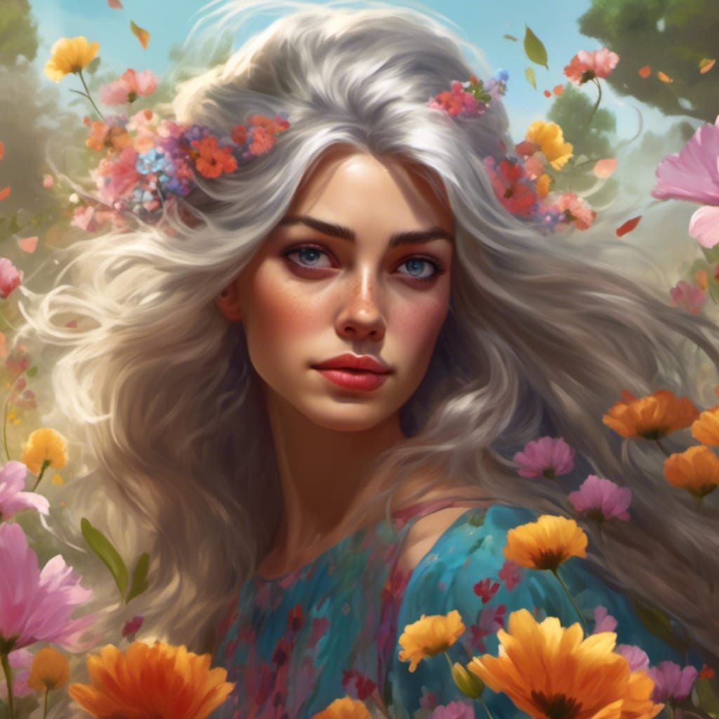 Sixties Silver-Haired Woman with Wildflowers