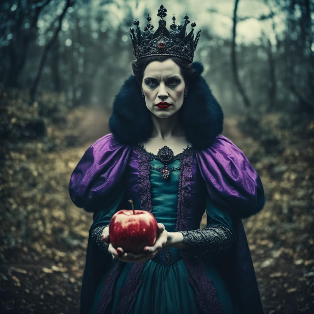 Dramatic Film Still of Evil Queen with Apple