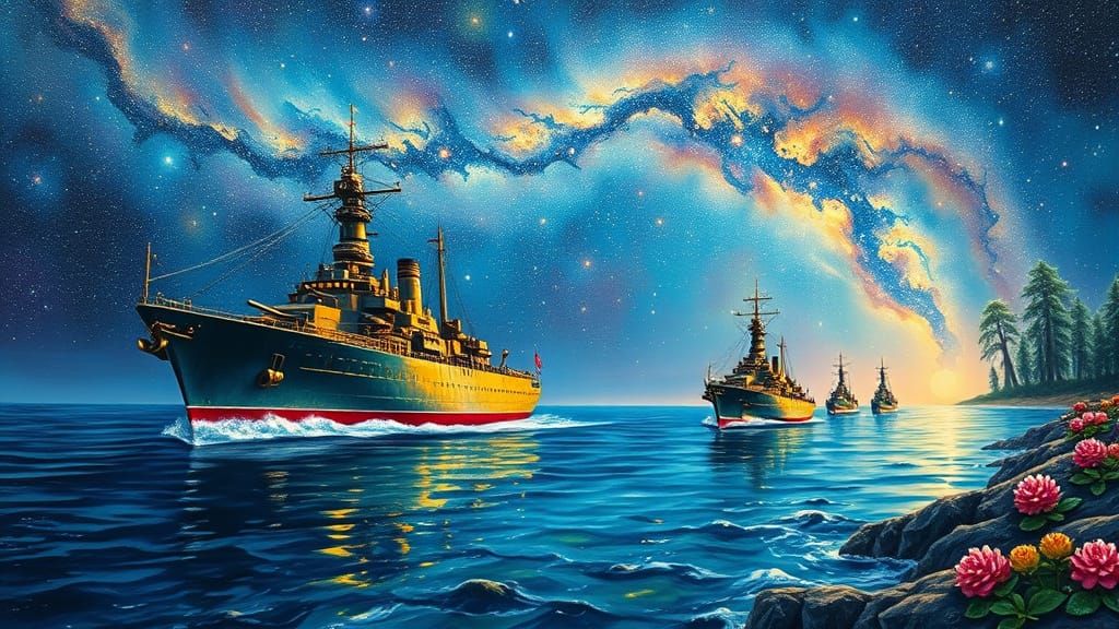 Majestic Battleships Sail Cosmic Seas in Surreal Fantasy Lan...