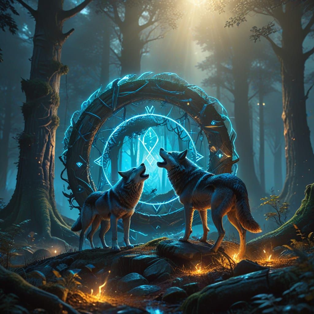 Wolves Guard Mystic Portal in Vibrant Fantasy Landscape