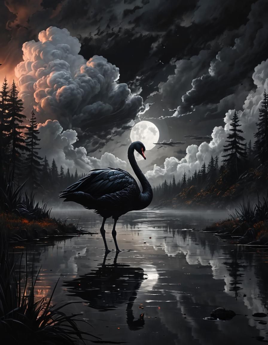 Black Swan Grunge Painting with Rainforest Landscape