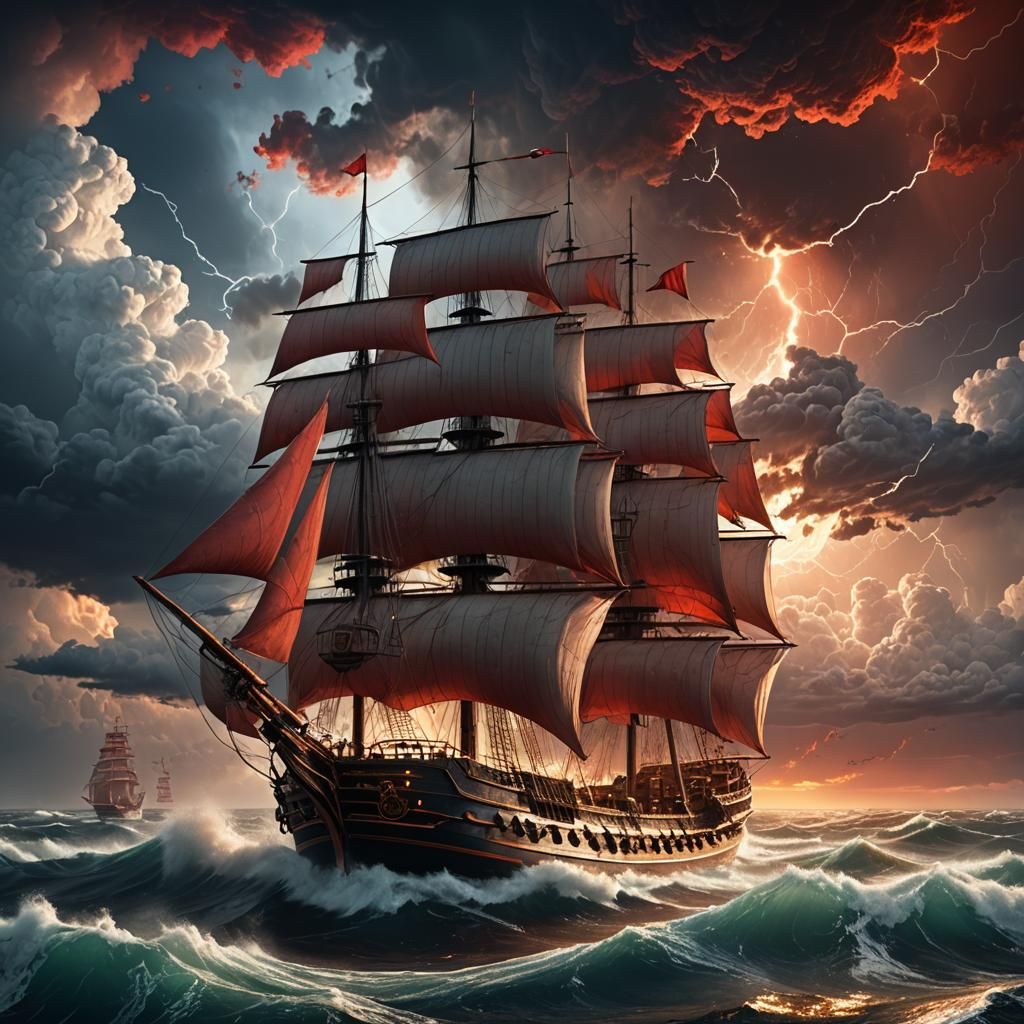 Ship in Stormy Seas with Red Sun