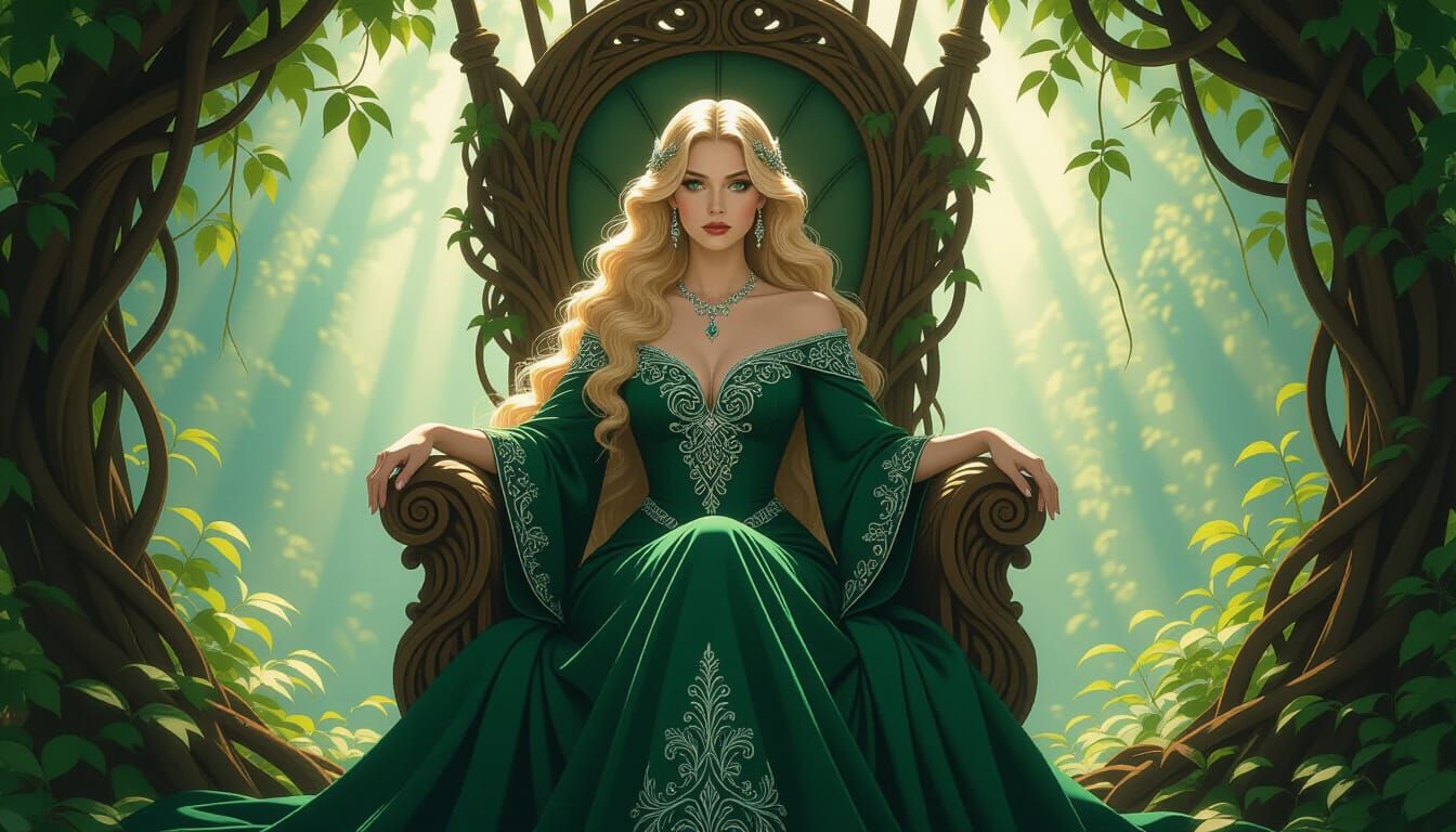 Regal Woman on Vine Throne in Art Nouveau Style