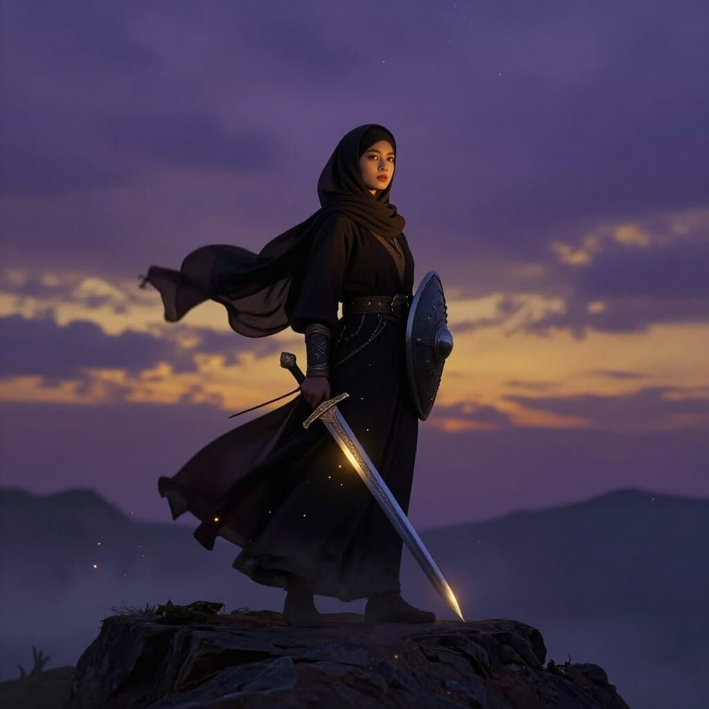 Muslim Warrior Girl on Cliff at Twilight
