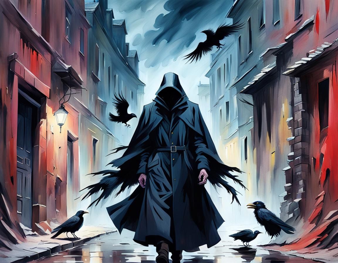 Eerie Figure with Raven in Surrealist Alleyway