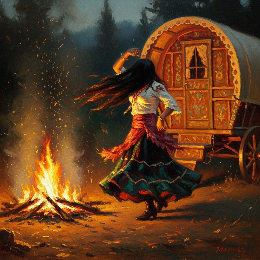 Romani Woman Dancing by Campfire in Impressionistic Style