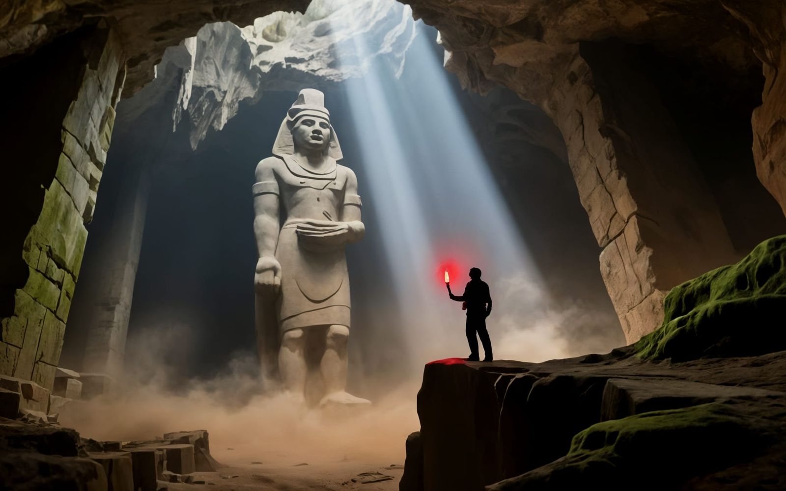 Epic Discovery: Colossal Statue in Sunlit Subterranean Chamb...