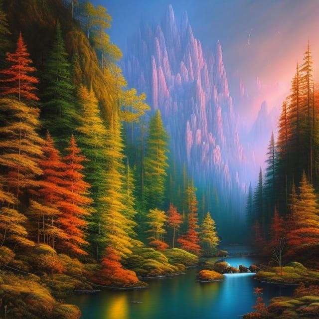 Whimsical Mountain Forest Painting in Academic Style