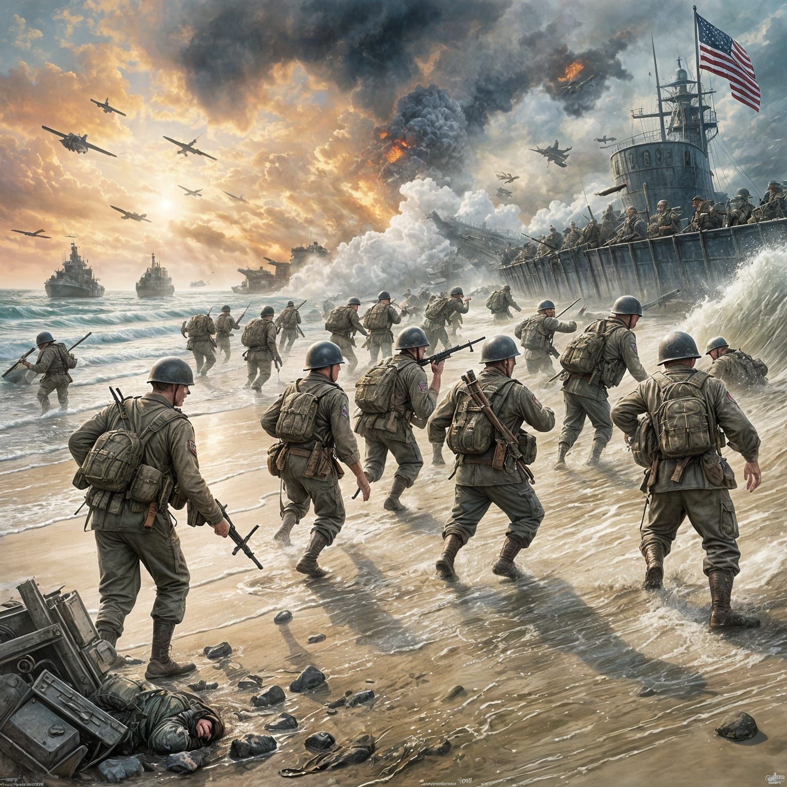 WW2 soldiers storming the beach of Normandy
