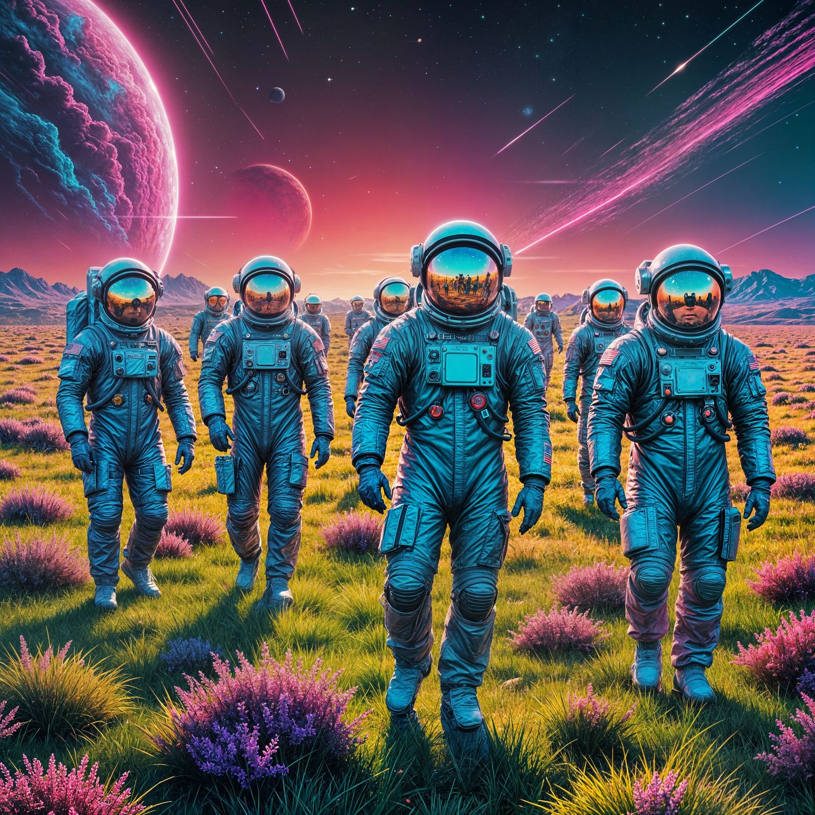 Astronauts in Neon Retro Landscape Illustration