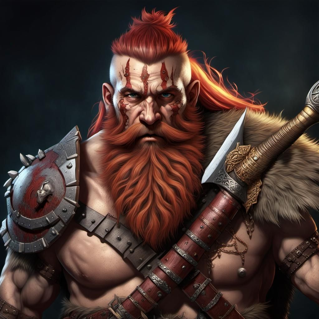 Fearsome Dwarf Barbarian with Axe, Digital Art