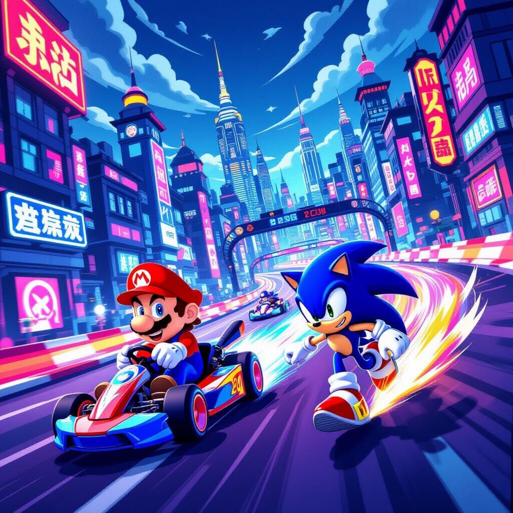 Mario and Sonic Race in Neon City, Graphic Novel Style