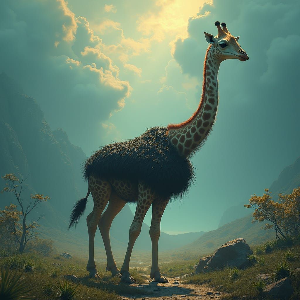 Majestic Giraffe-Ostrich Hybrid in Mystical Landscape