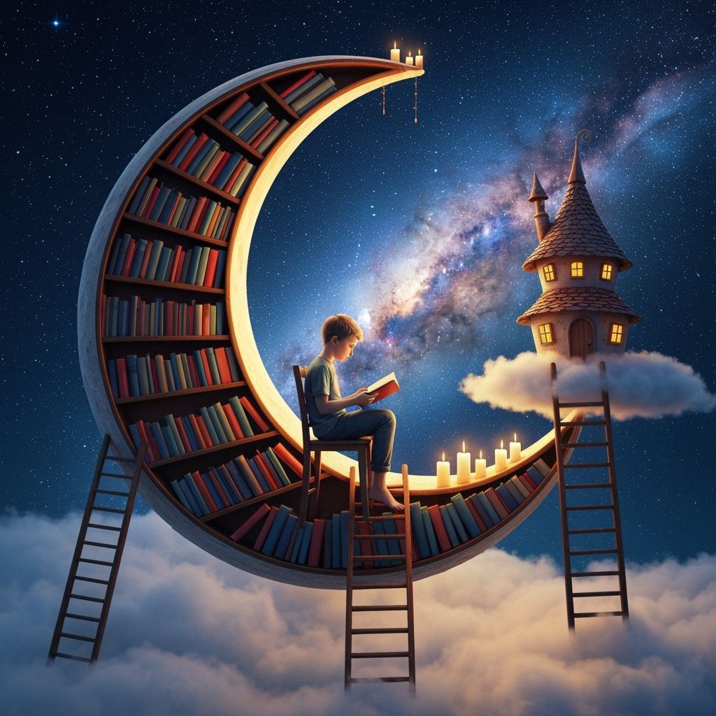 Fantasy Bookshelf Moon in Digital Art Style