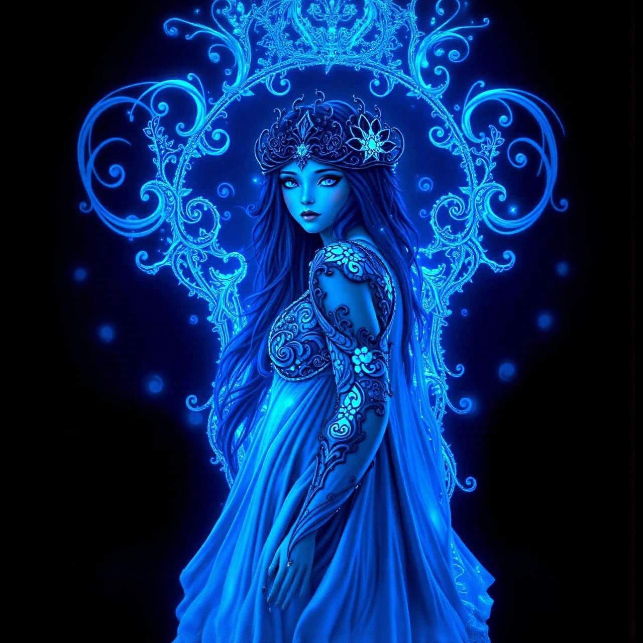 Ethereal Bioluminescent Maiden with Filigree Designs