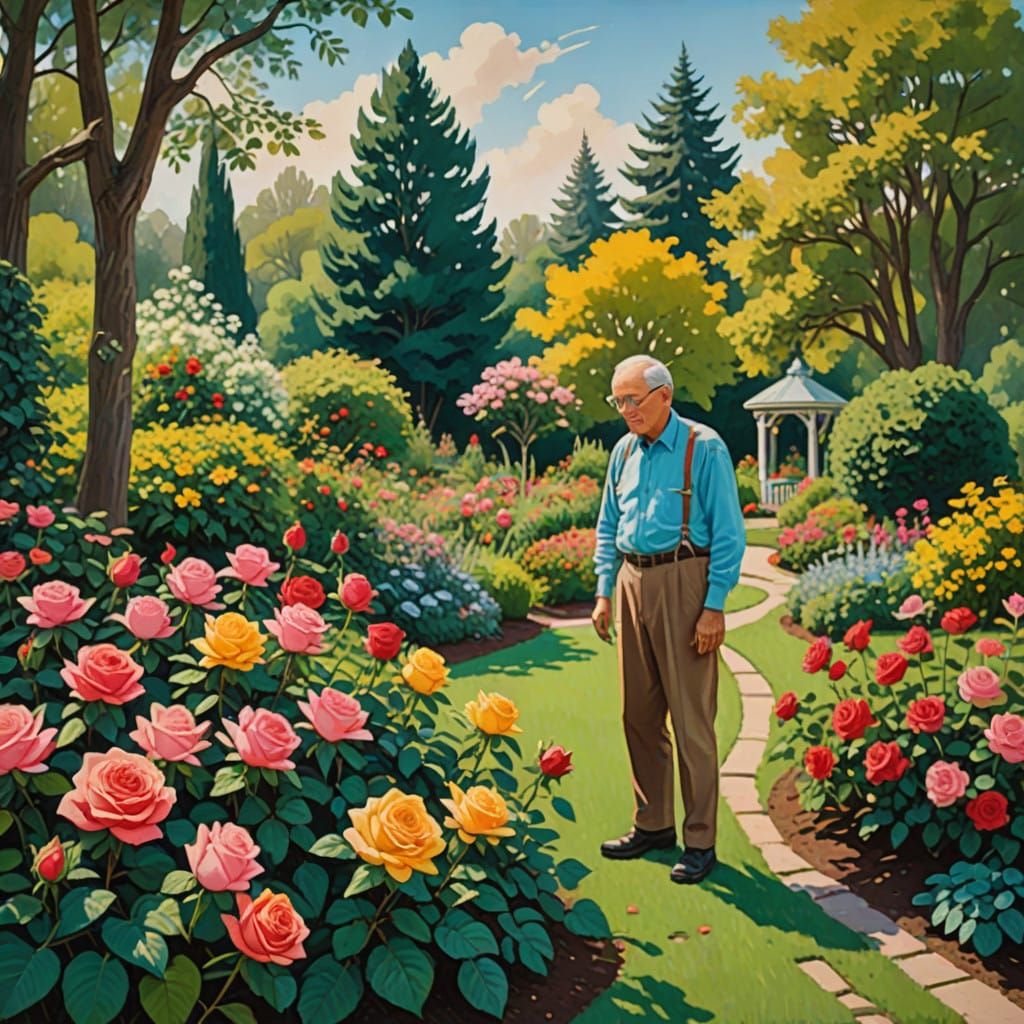 Serene Grandfather in a Lush Gouache Rose Garden