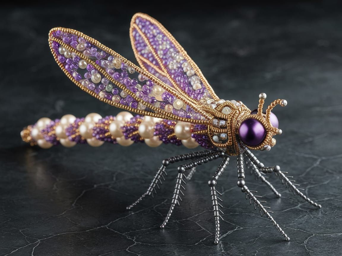 Ethereal Beaded Dragonfly Sculpture in Steampunk Style