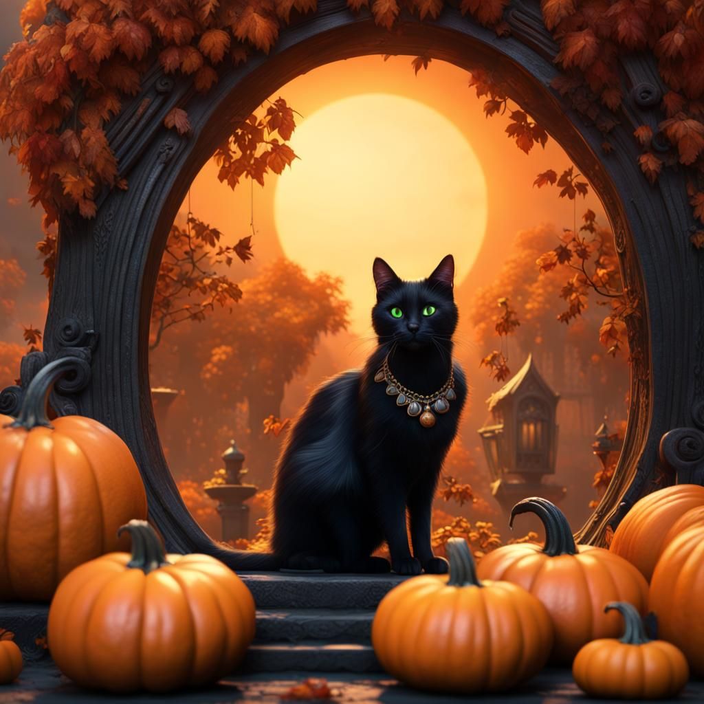 Black Cat on Pumpkin: Detailed Matte Painting