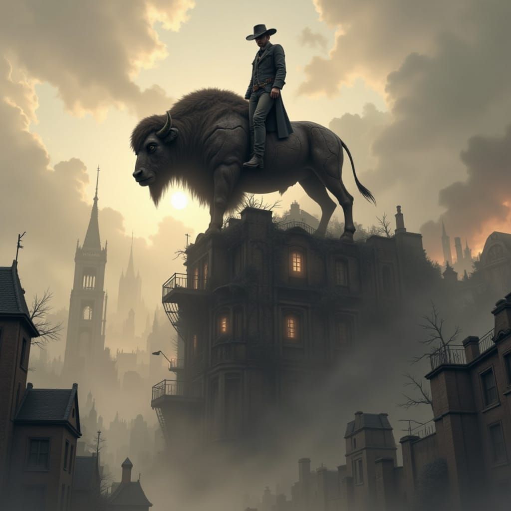 Steampunk Cowboy Rides Clockwork Bison Over Victorian City
