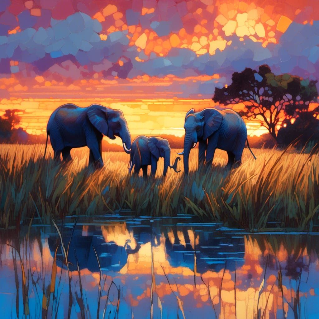 African Elephant Family at Oasis Sunset