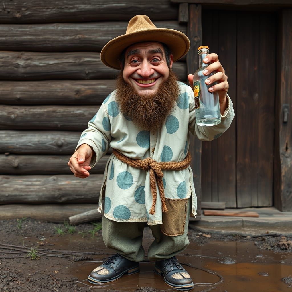 Grotesque Drunken Russian Peasant in Muddy Yard