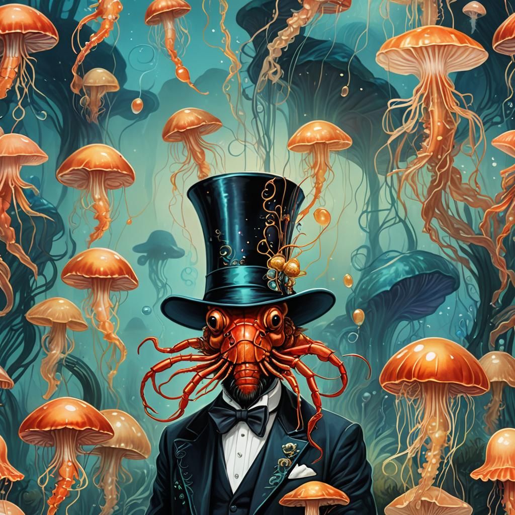 Art Deco Crawfish in Enchanted Ocean Forest