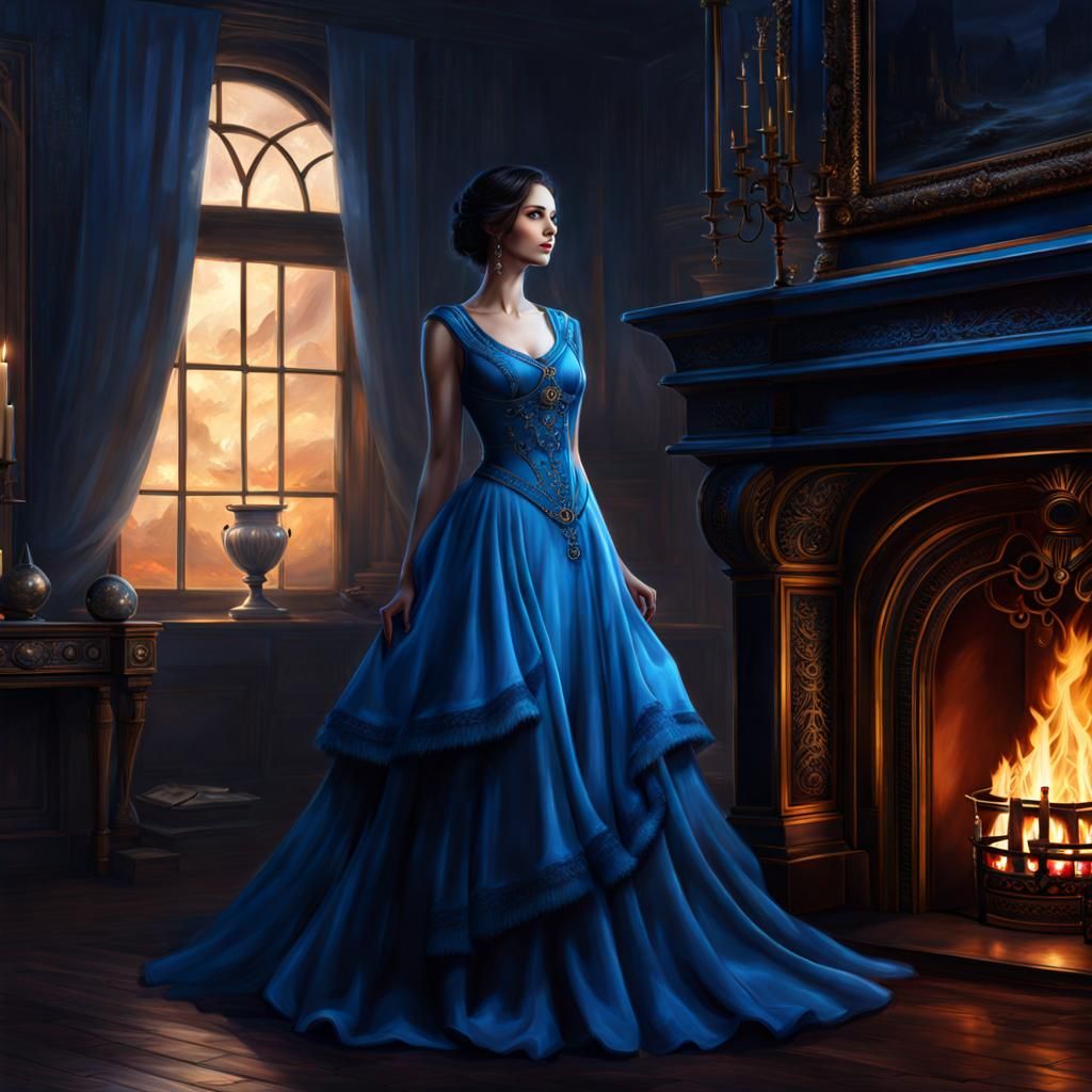Woman in Blue Dress with Ghost, Digital Fantasy Art