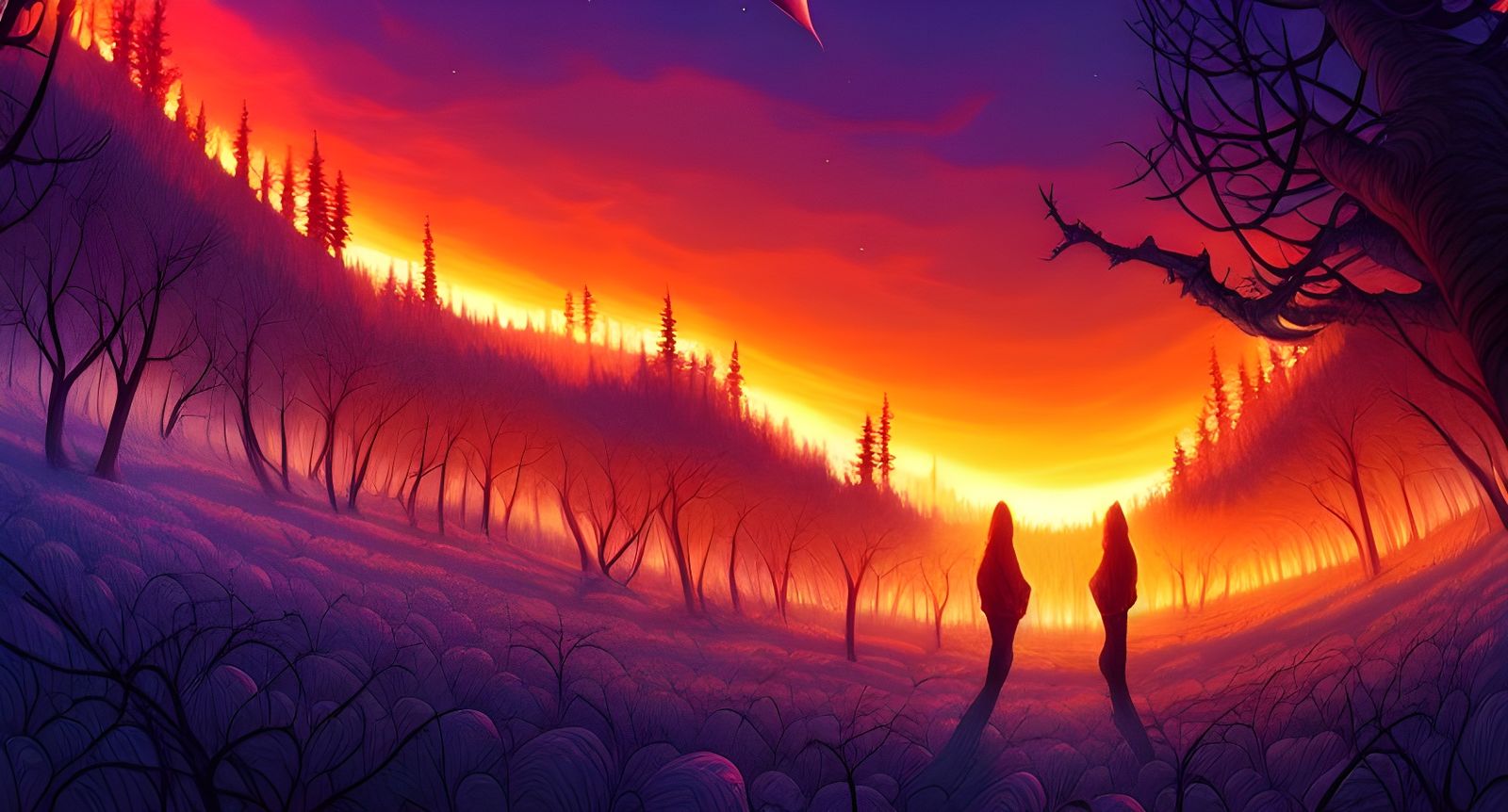 Fiery Night Landscape in Dark Fantasy Style