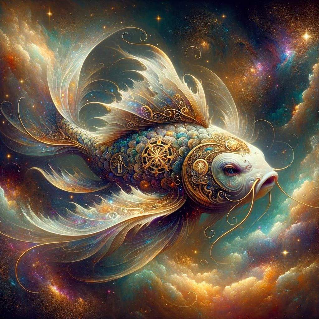 Celestial Koi Fish Swimming Through Nebula in Fantasy Art