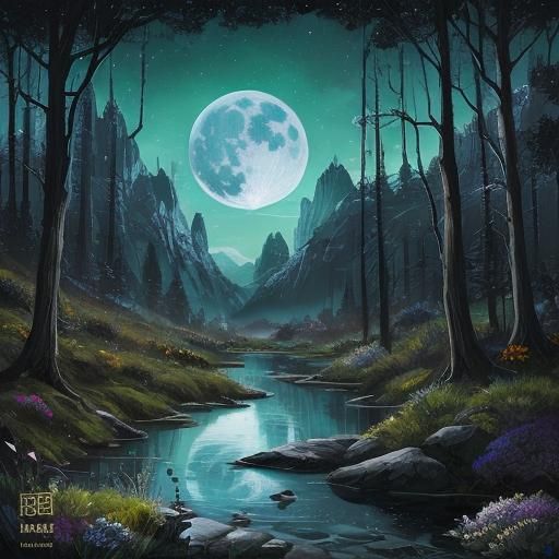 Moonlit Meadow Digital Watercolor with Constellations