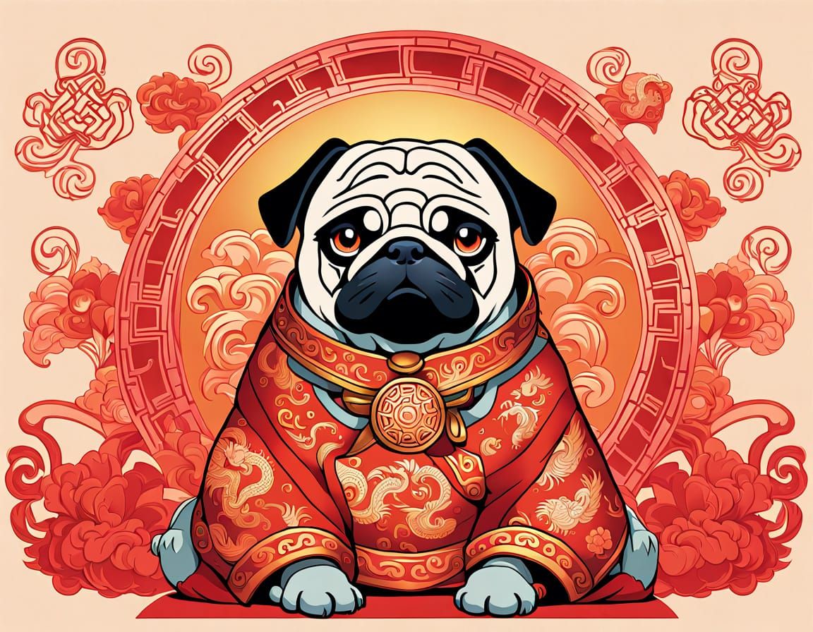 Pug in Vibrant Chinese Dragon Costume, Inspired by Hayao Miy...