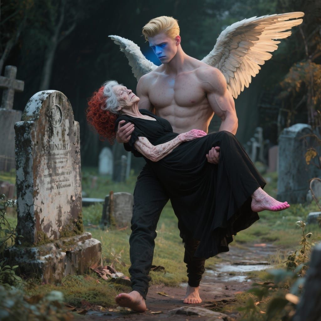 Angel Carries Woman Through Abandoned Cemetery