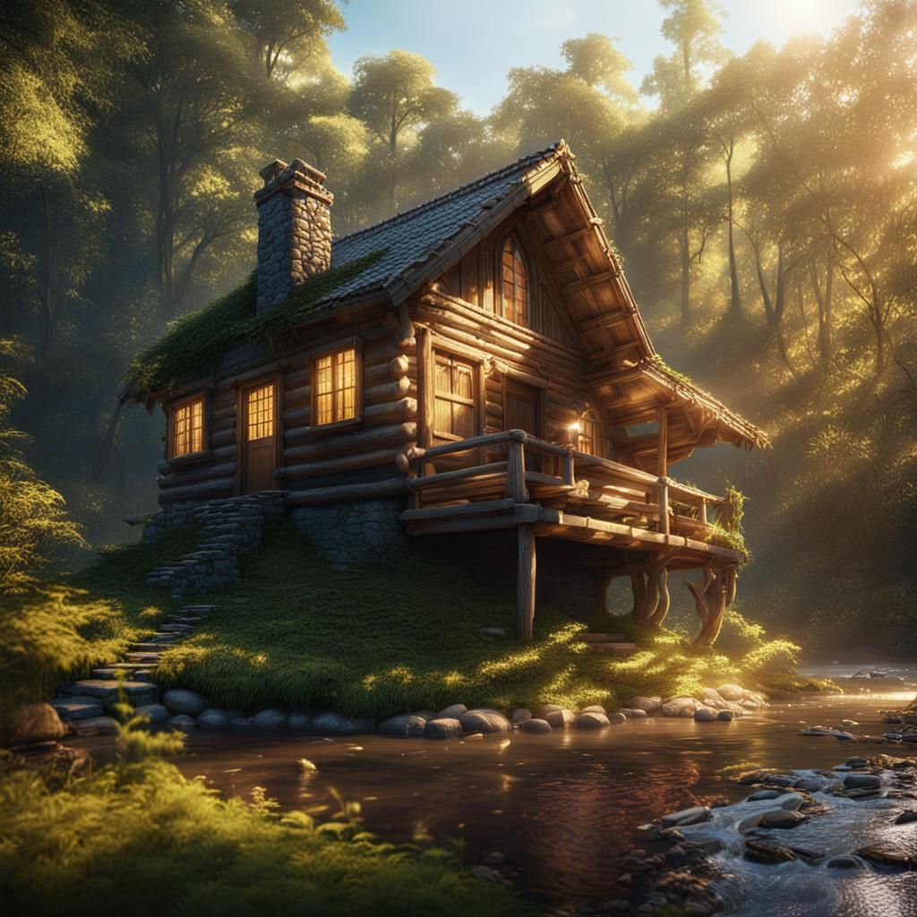 Forest Cabin in Morning Sunlight: Fantasy Concept Art