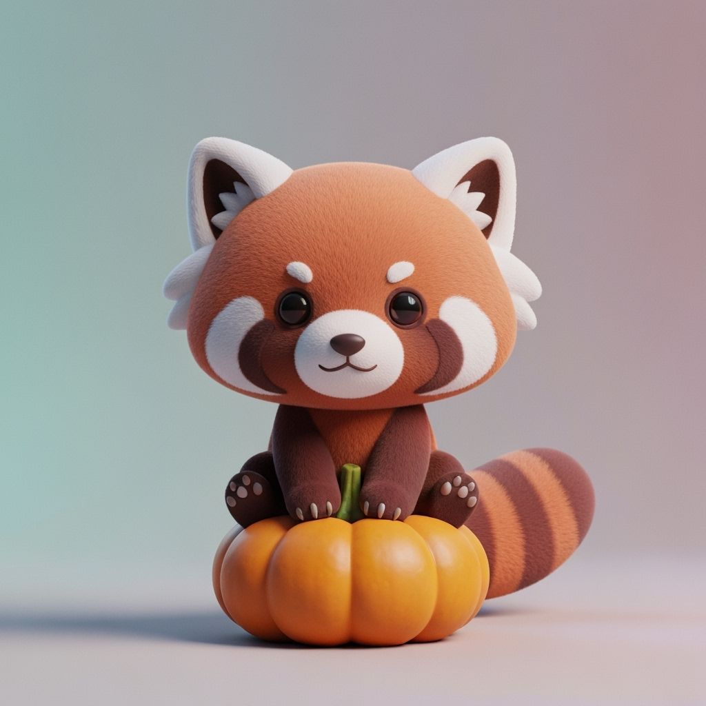Cute Plush Red Panda Sits on Pumpkin