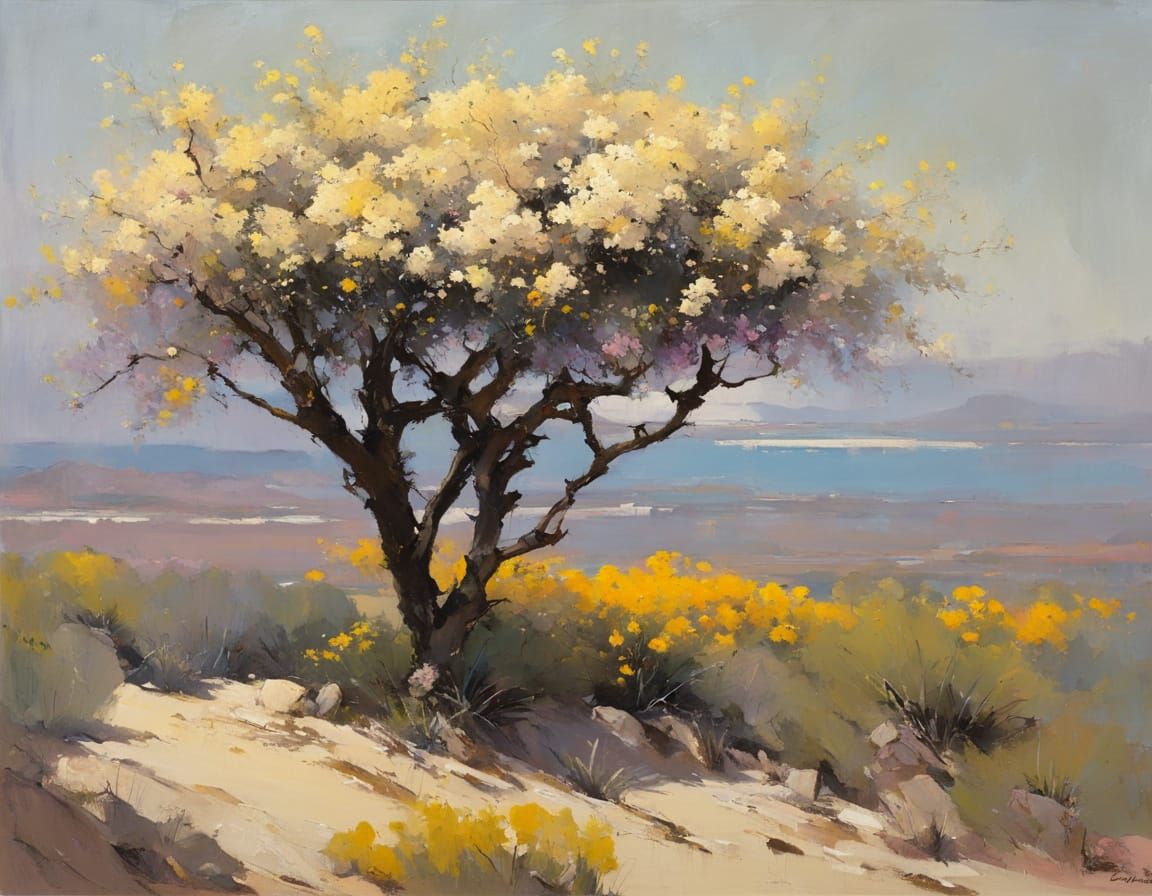 Desert Blooms with Flowering Trees in Soft Pastels