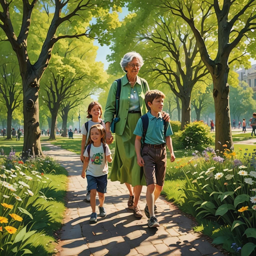 Grandmother and Grandchildren in a Sunny Park
