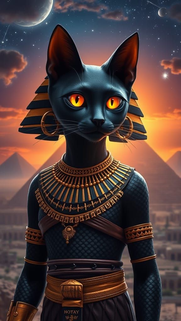Cosmic Sunrise Illuminates Majestic Egyptian Cat Creature in...