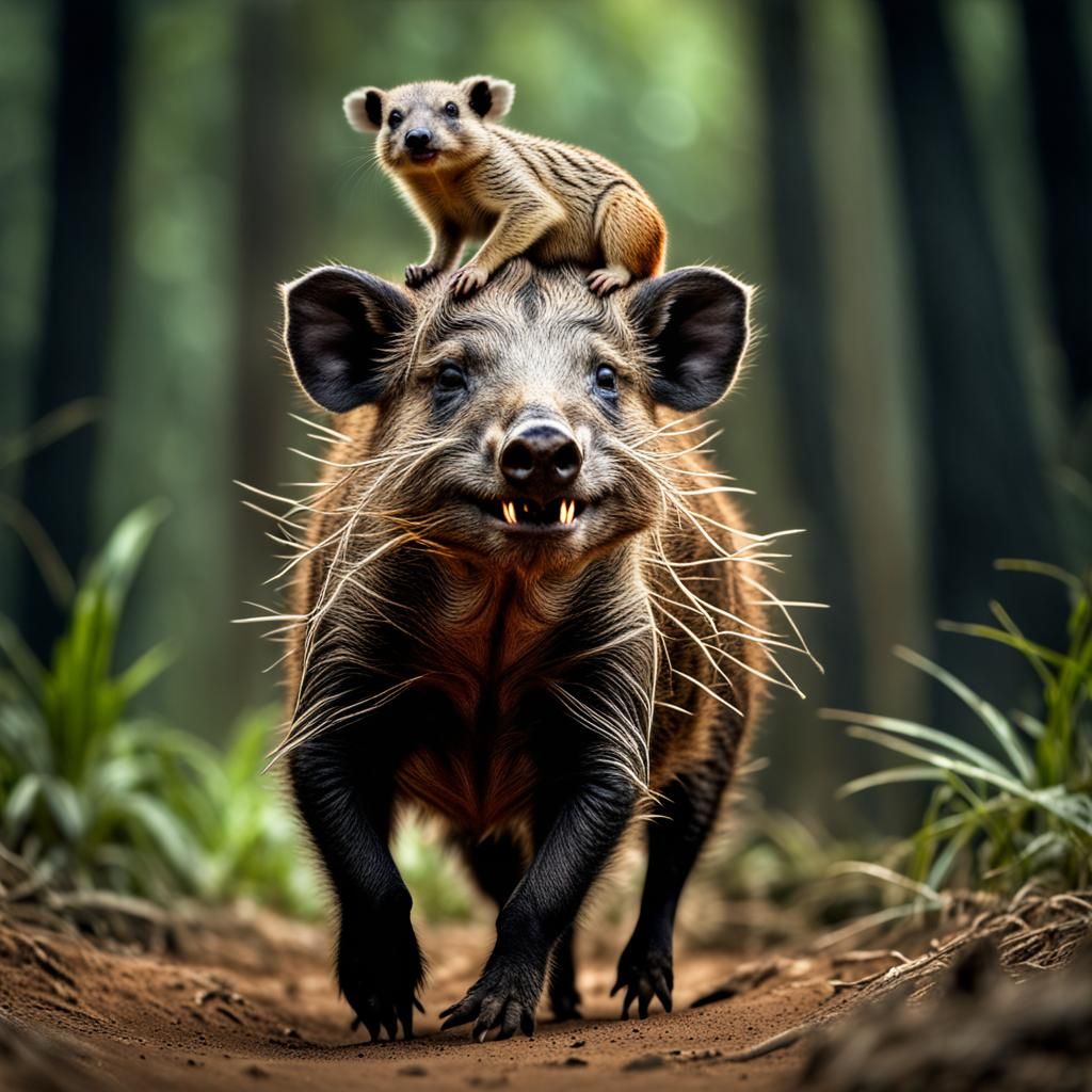 Hyperrealistic Boar and Meerkat in Jungle Scene