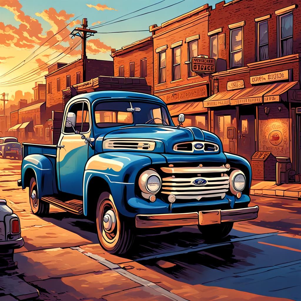 Woman Driving Ford Truck in Comic Book Style