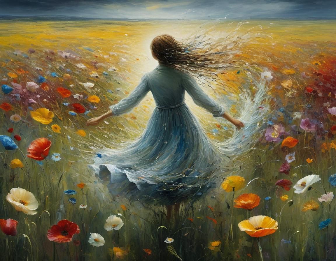Flower Woman in Field: Expressionistic Oil Painting