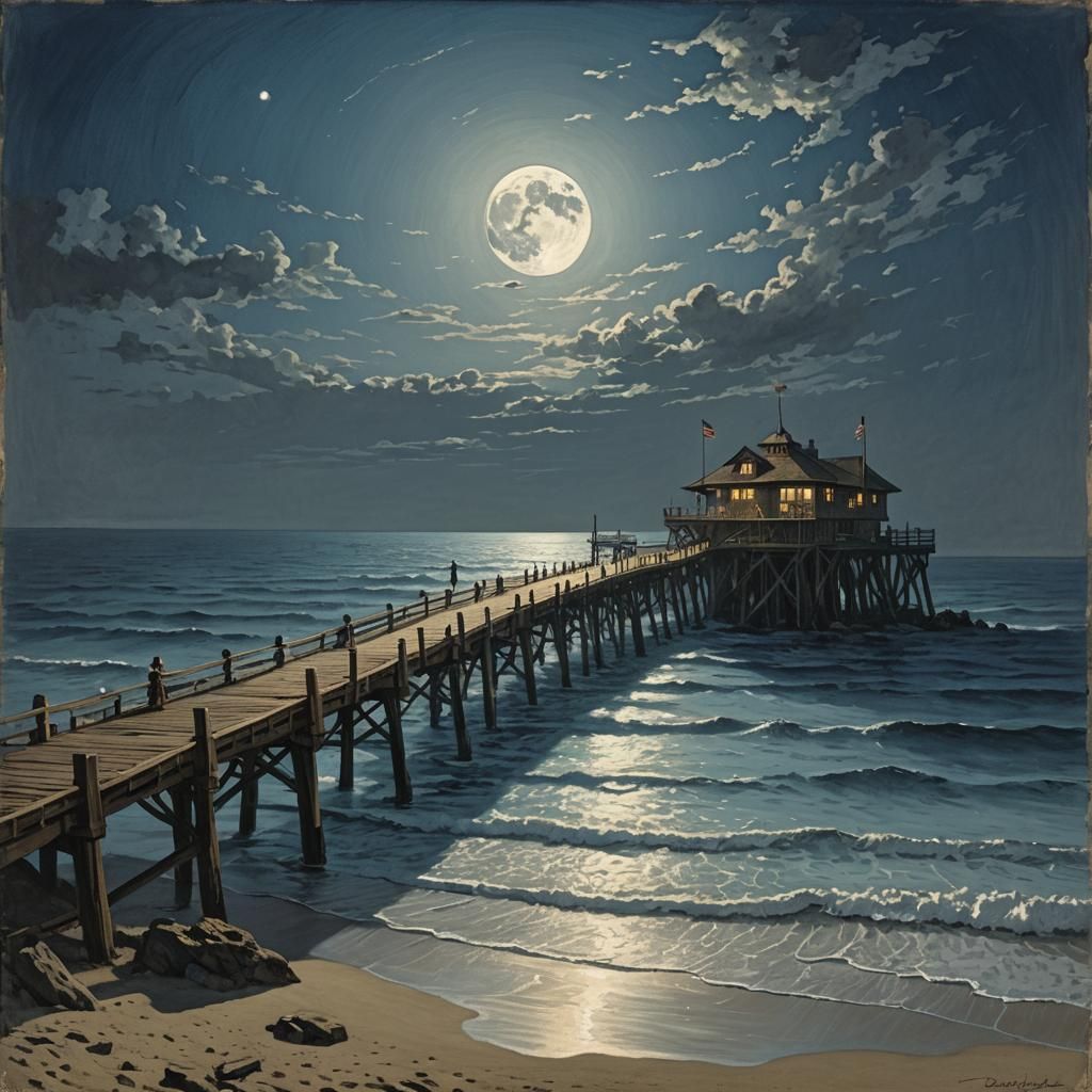 Malibu Pier Under Blue Moon in Gothic Horror Style